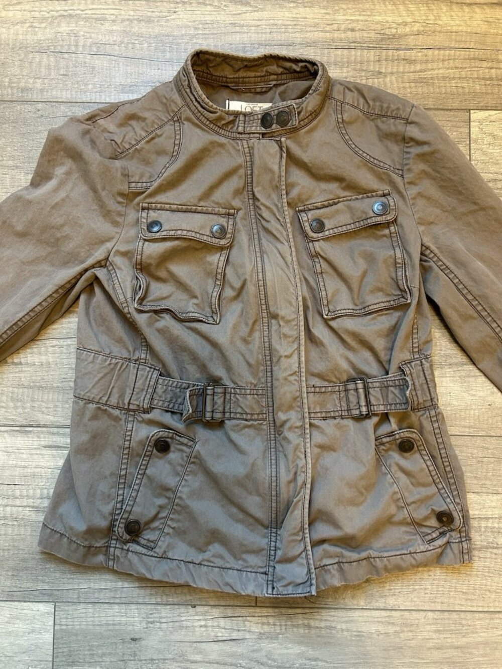 Ann Taylor LOFT Jacket Size 6 Brown Military Style Full Zip Belted Snap Pockets - Picture 2 of 10